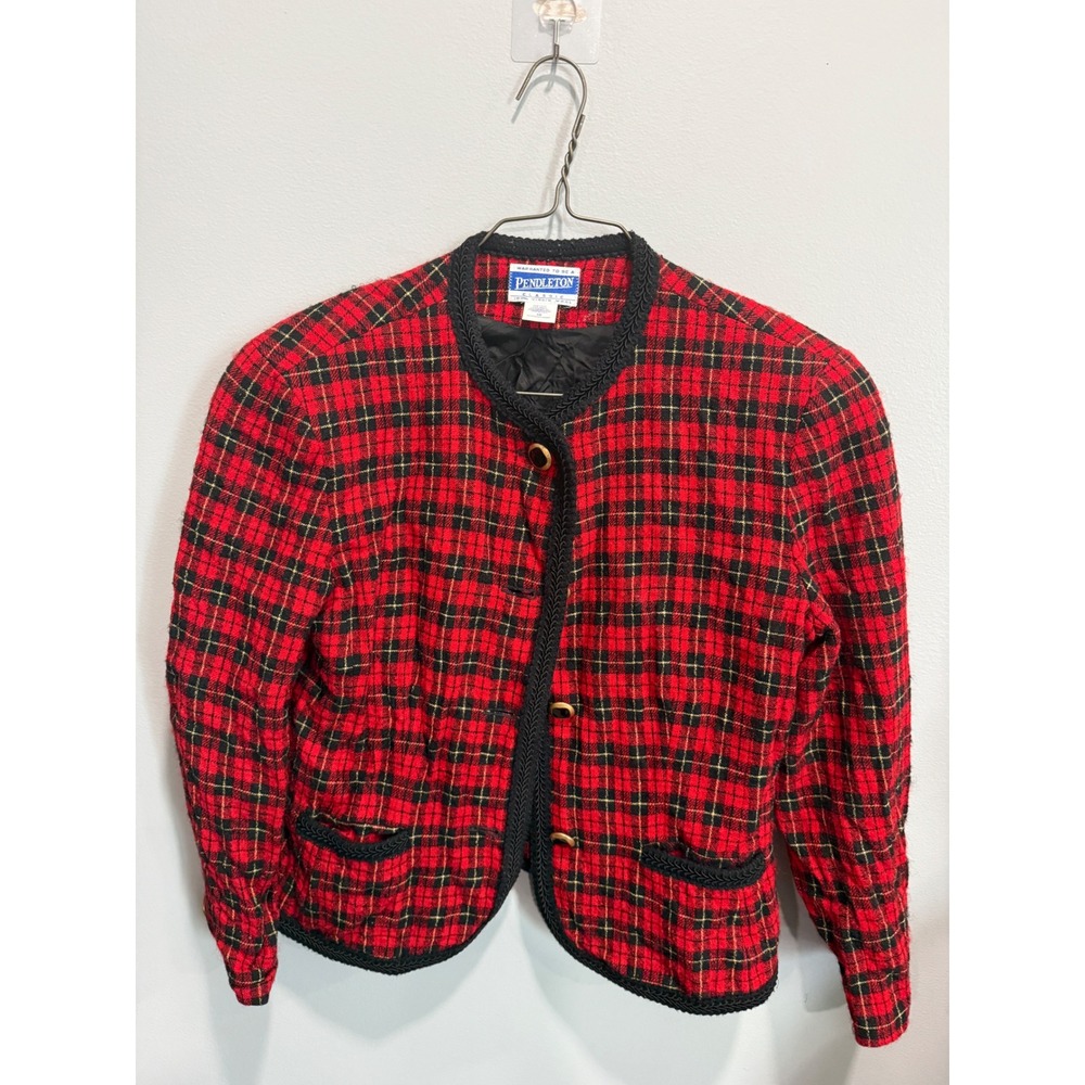 Pendleton Classic Red Black Plaid Wool Blazer Braided Trim Made in USA Size 10